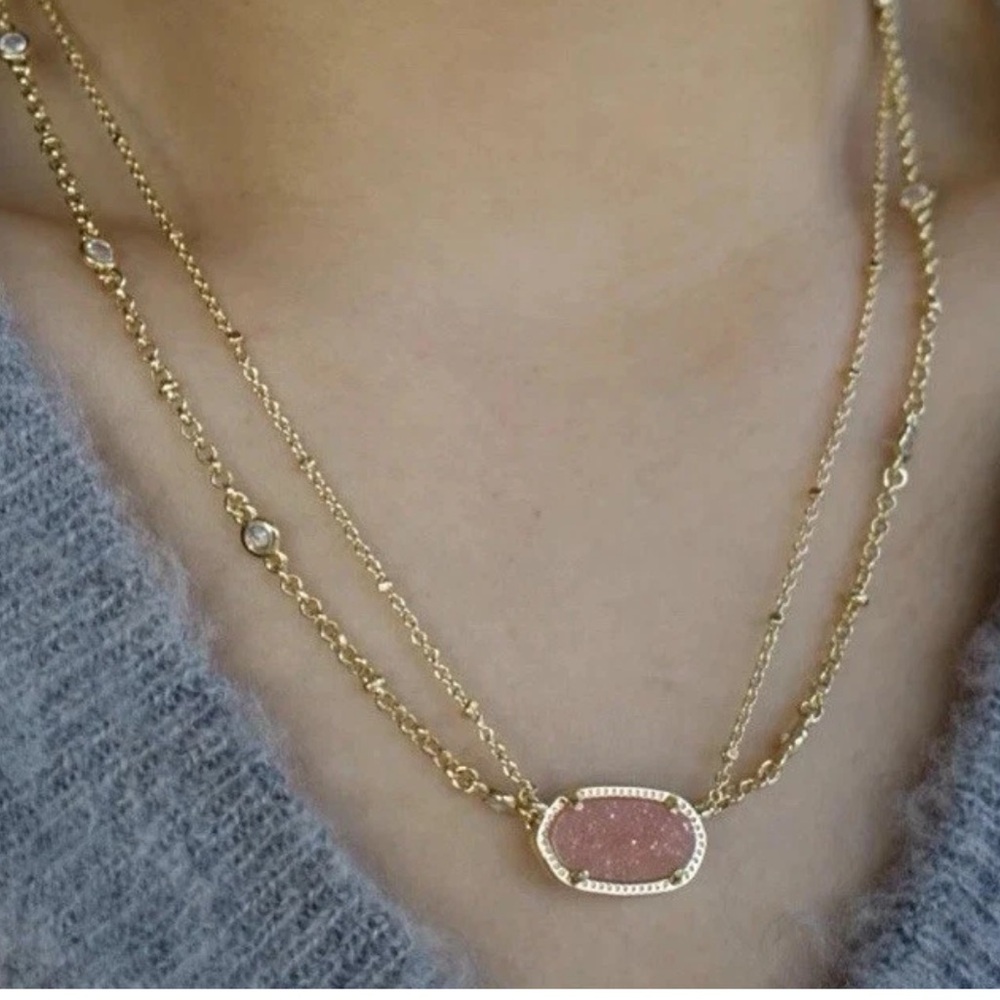 Kendra Scott Elisa 2 double strand Gold Necklace in Light Pink Drusy - Picture 2 of 8